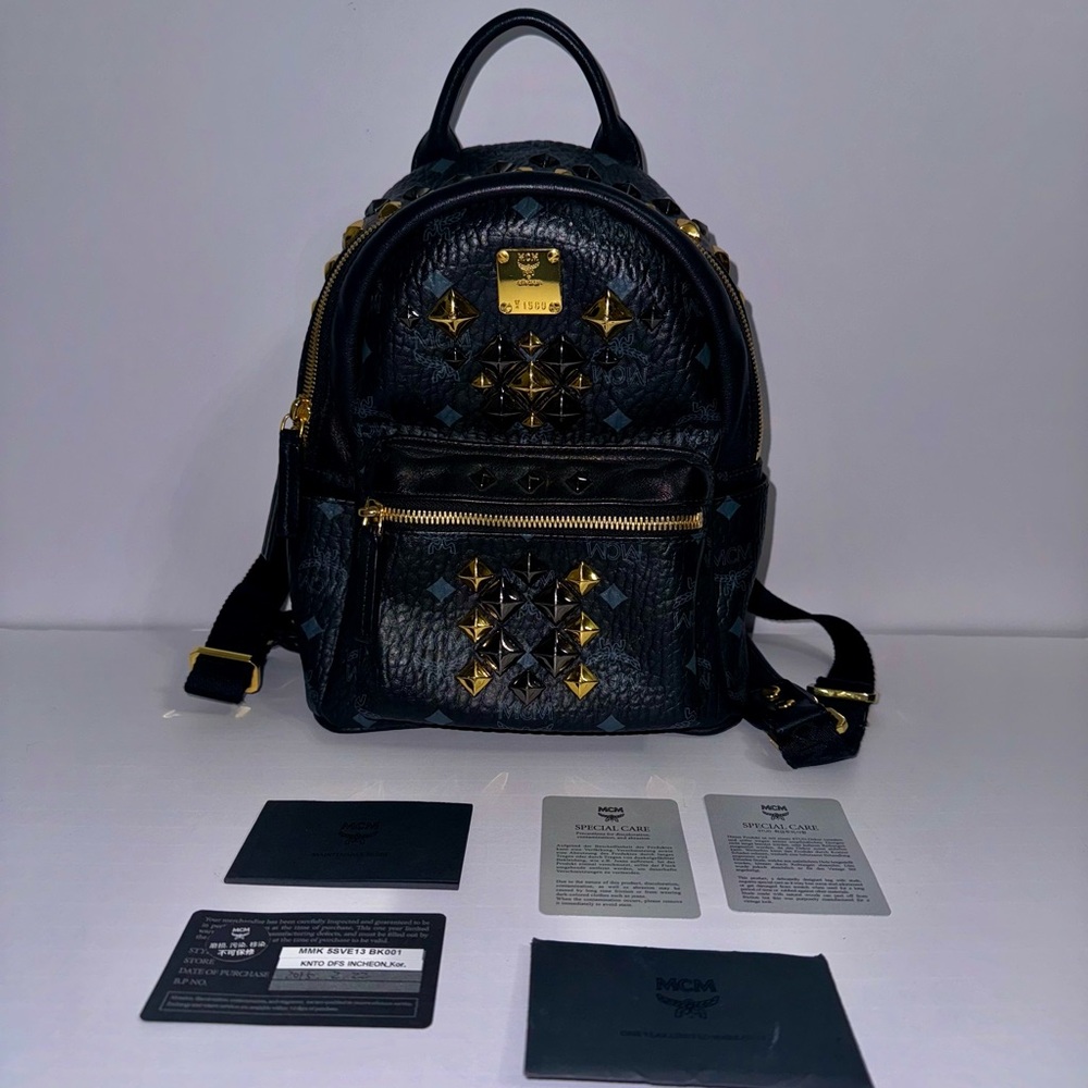 MCM Visetos Studded Colorblock Small Stark Brock Backpack Black